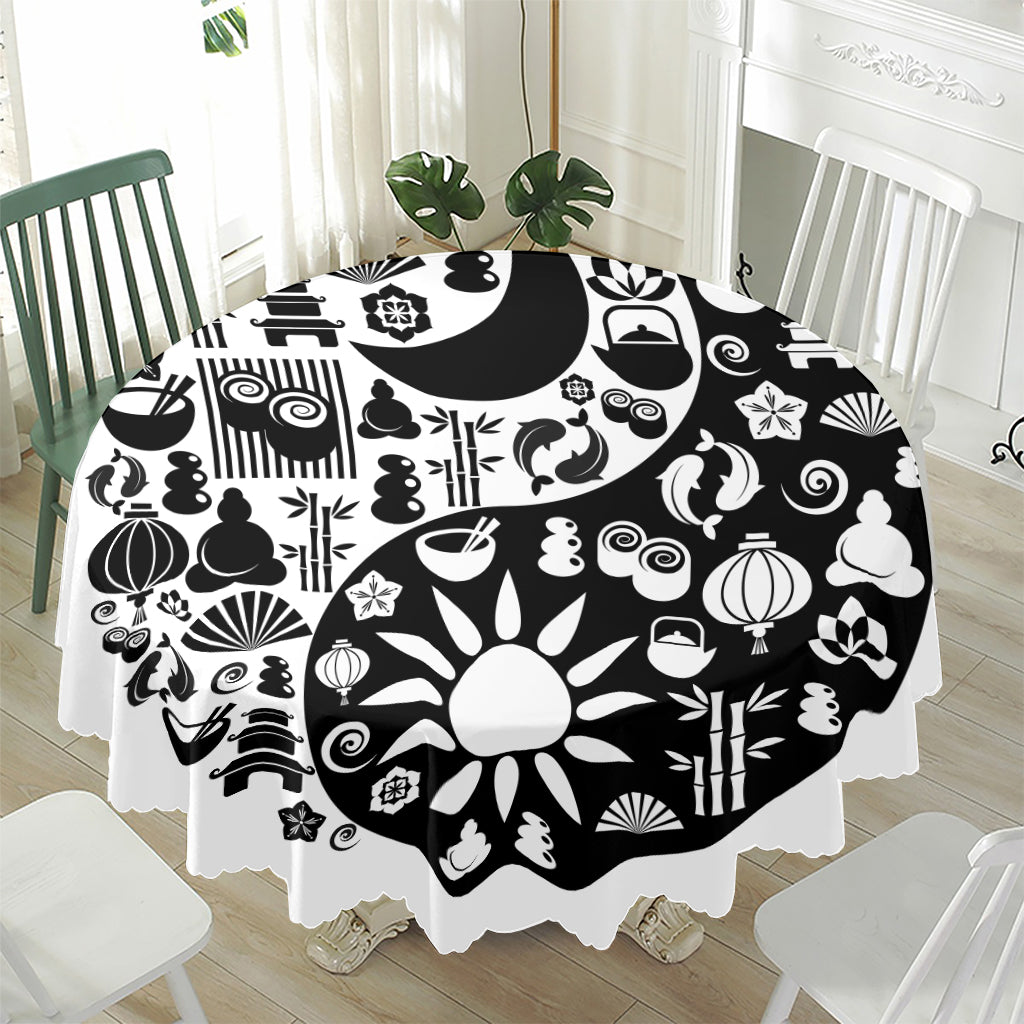 Black And White Japanese Yin Yang Print Waterproof Round Tablecloth