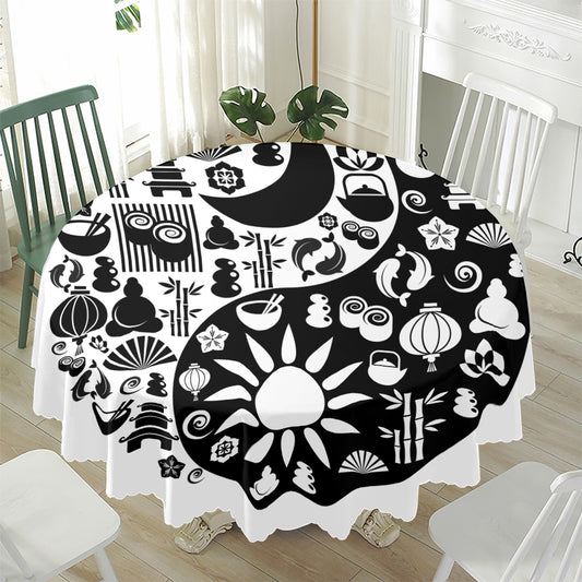Black And White Japanese Yin Yang Print Waterproof Round Tablecloth