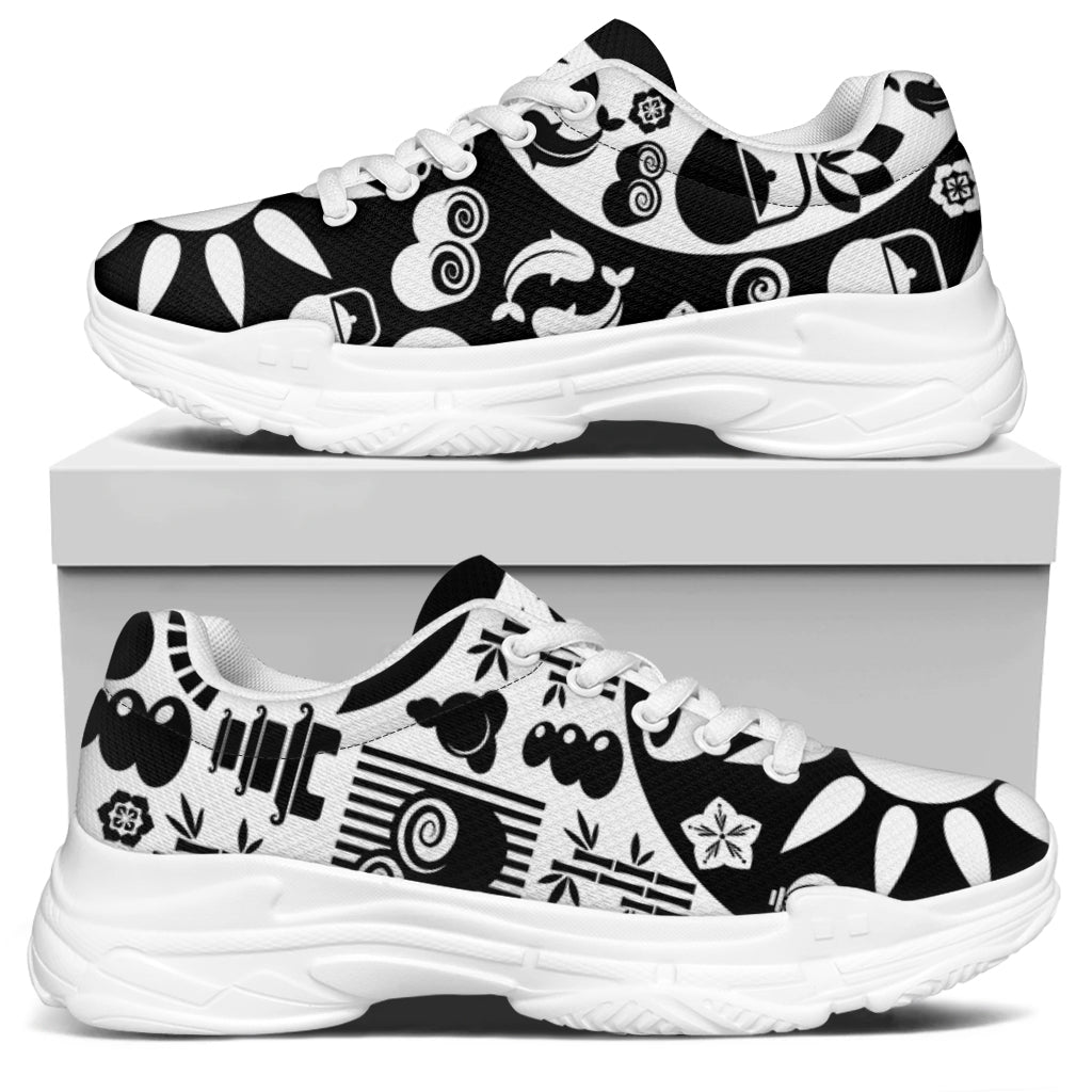 Black And White Japanese Yin Yang Print White Chunky Shoes