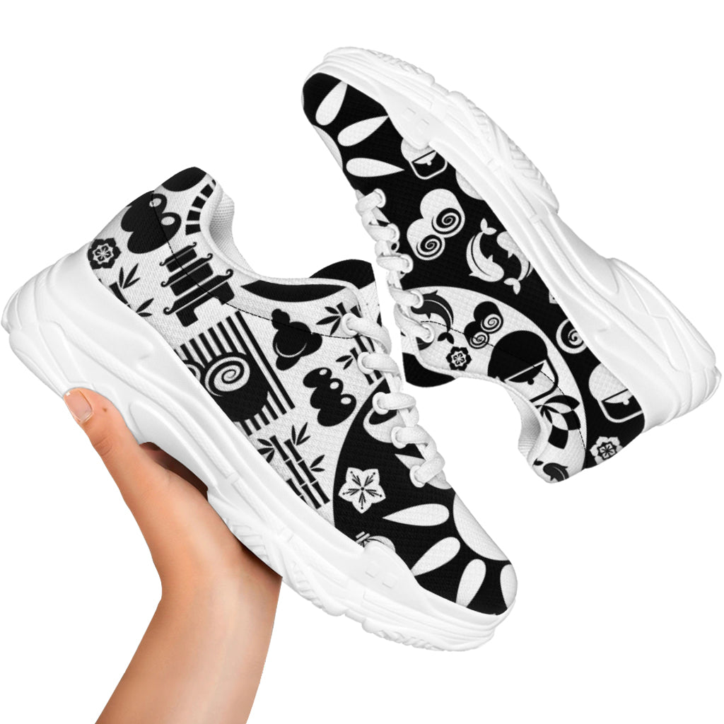 Black And White Japanese Yin Yang Print White Chunky Shoes
