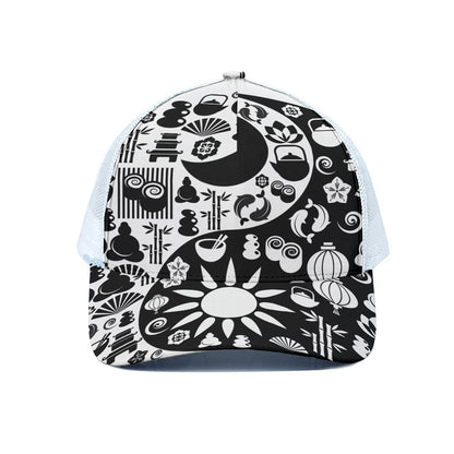 Black And White Japanese Yin Yang Print White Mesh Trucker Cap