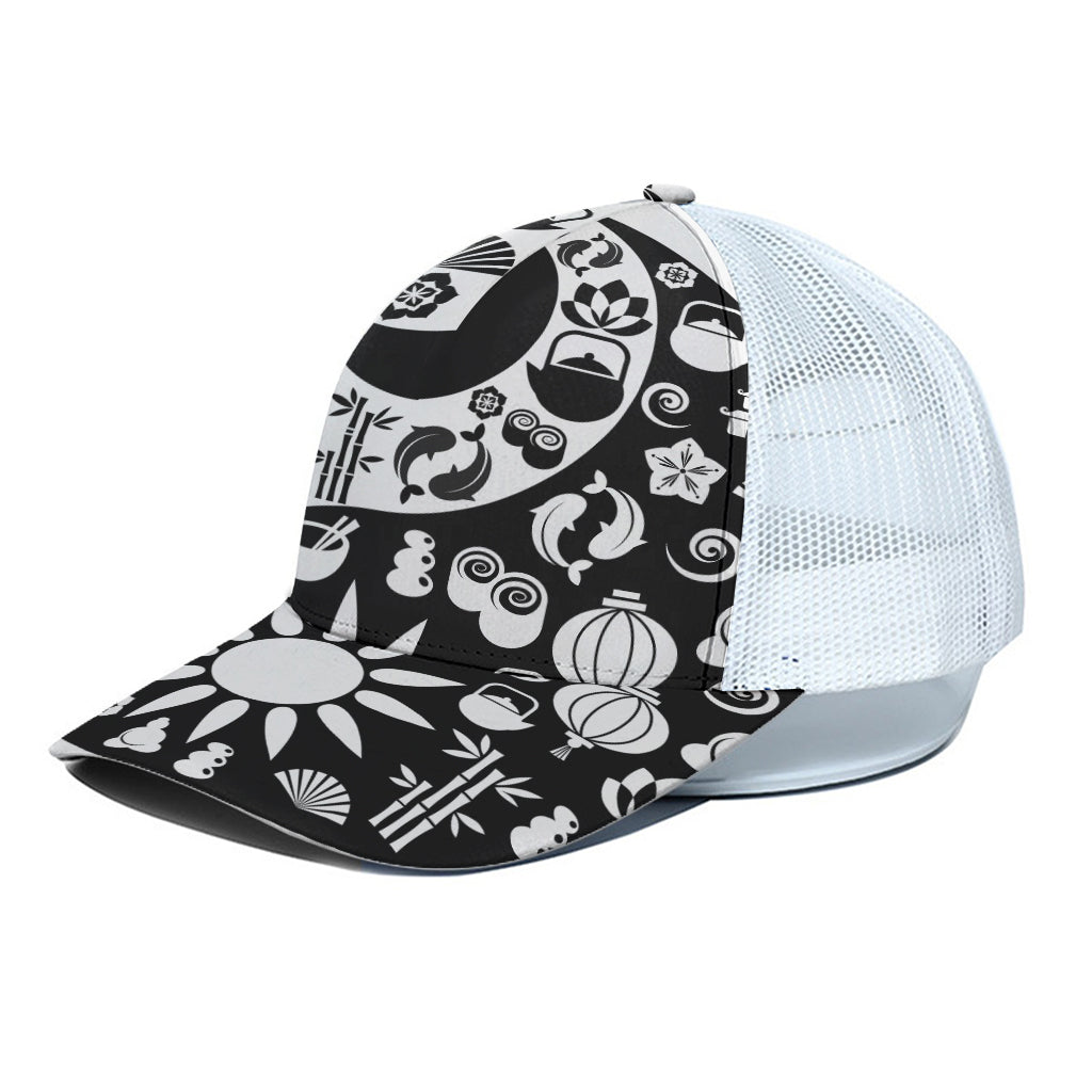 Black And White Japanese Yin Yang Print White Mesh Trucker Cap