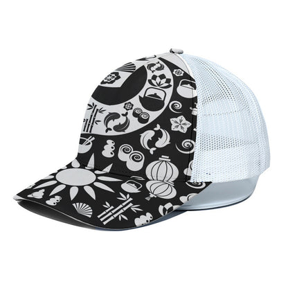 Black And White Japanese Yin Yang Print White Mesh Trucker Cap