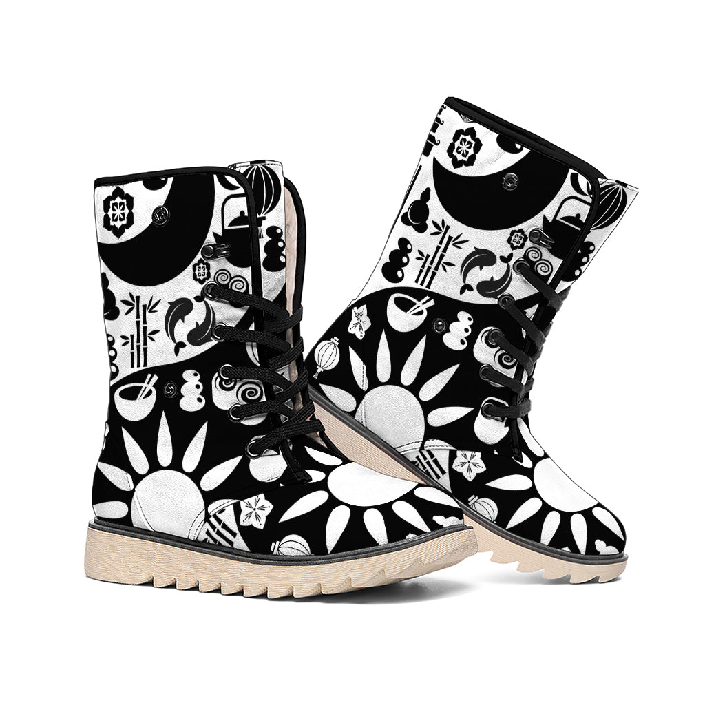 Black And White Japanese Yin Yang Print Winter Boots
