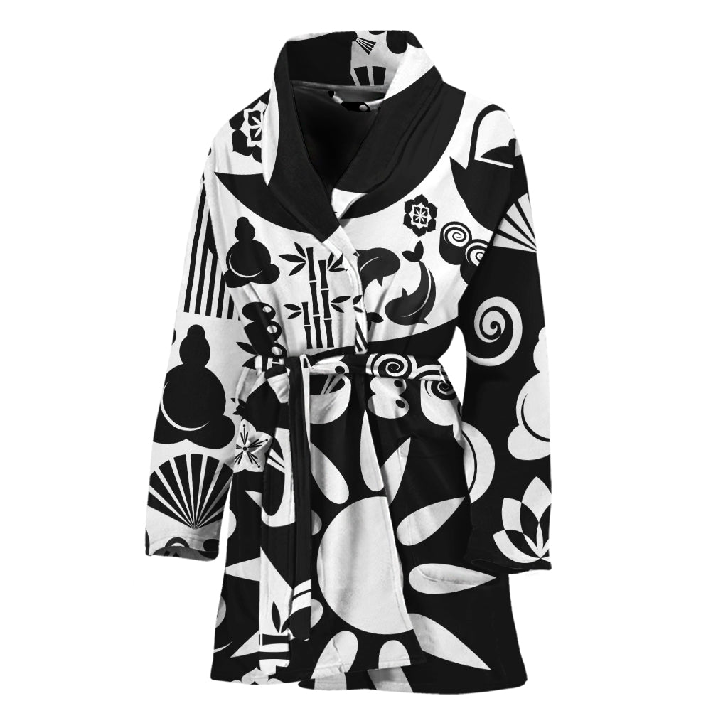 Black And White Japanese Yin Yang Print Women's Bathrobe