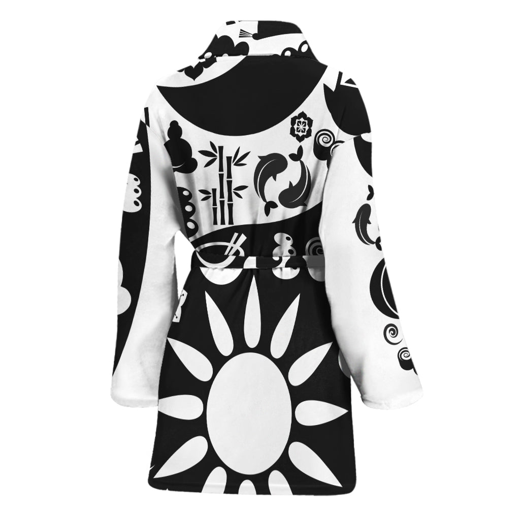 Black And White Japanese Yin Yang Print Women's Bathrobe