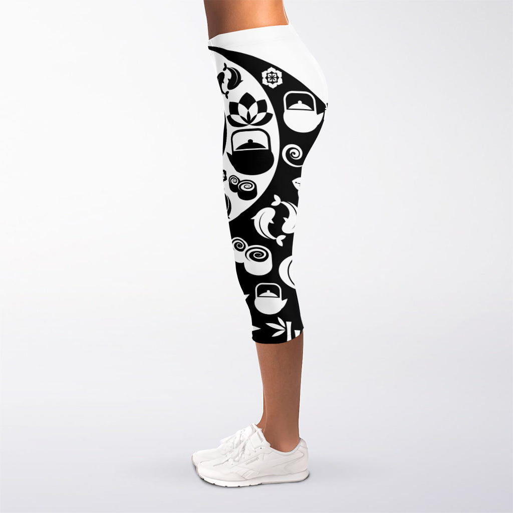Black And White Japanese Yin Yang Print Women's Capri Leggings