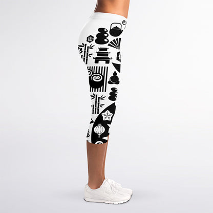 Black And White Japanese Yin Yang Print Women's Capri Leggings