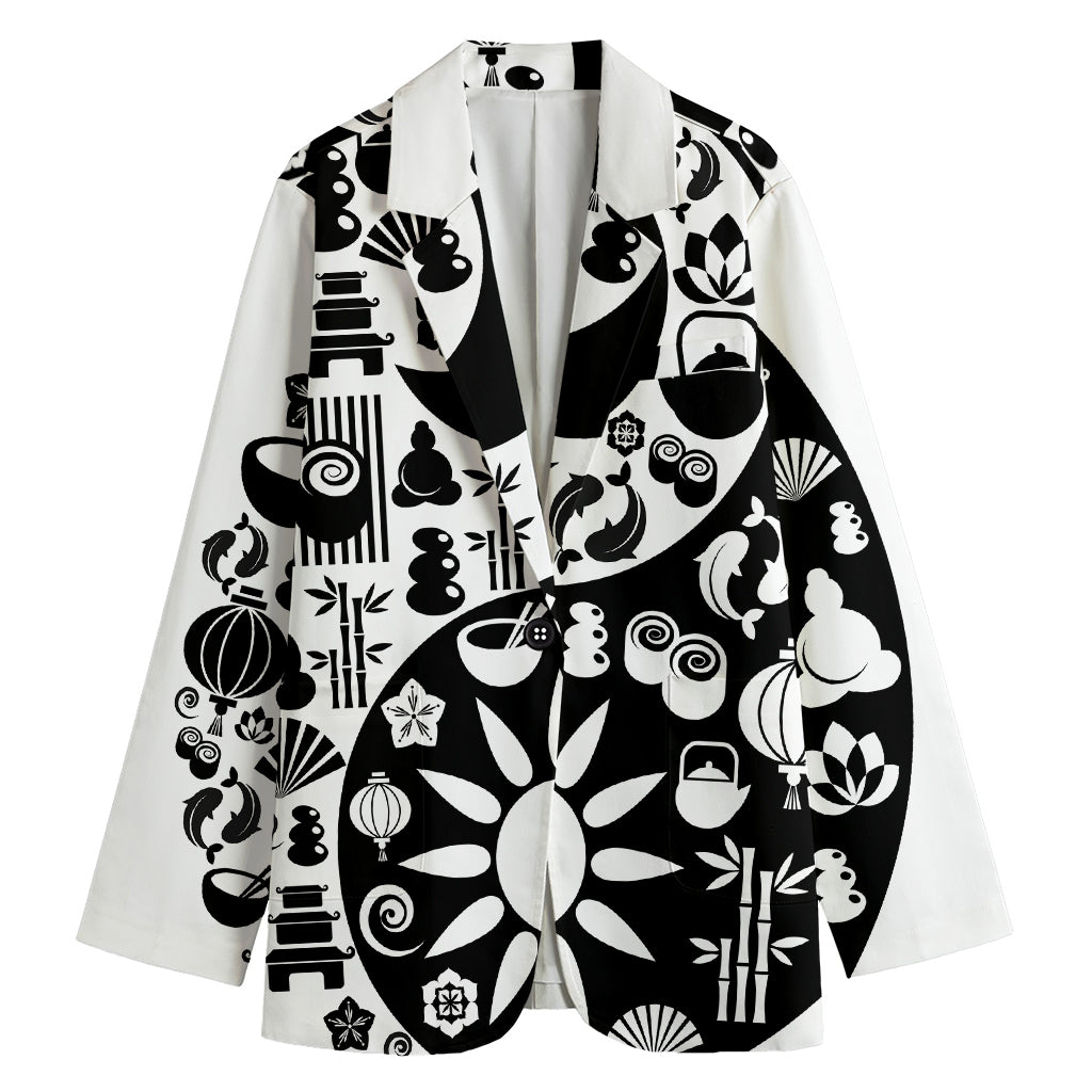 Black And White Japanese Yin Yang Print Women's Cotton Blazer