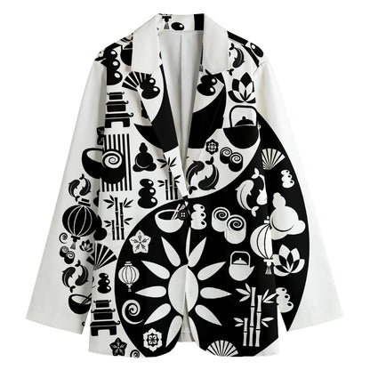 Black And White Japanese Yin Yang Print Women's Cotton Blazer