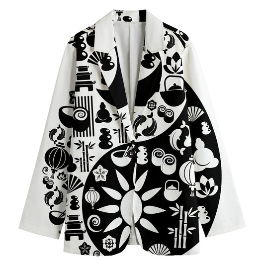 Black And White Japanese Yin Yang Print Women's Cotton Blazer