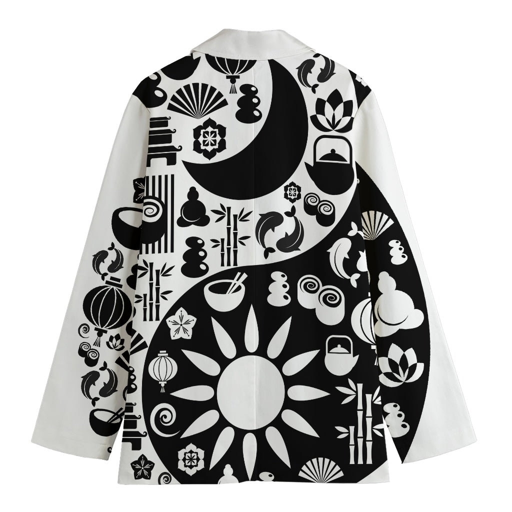 Black And White Japanese Yin Yang Print Women's Cotton Blazer