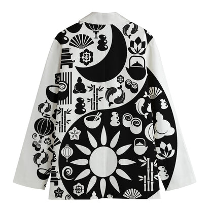 Black And White Japanese Yin Yang Print Women's Cotton Blazer