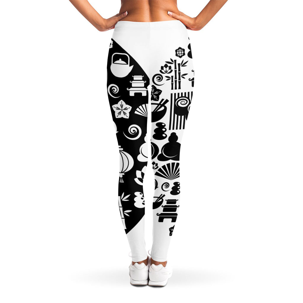 Black And White Japanese Yin Yang Print Women's Leggings