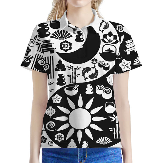 Black And White Japanese Yin Yang Print Women's Polo Shirt