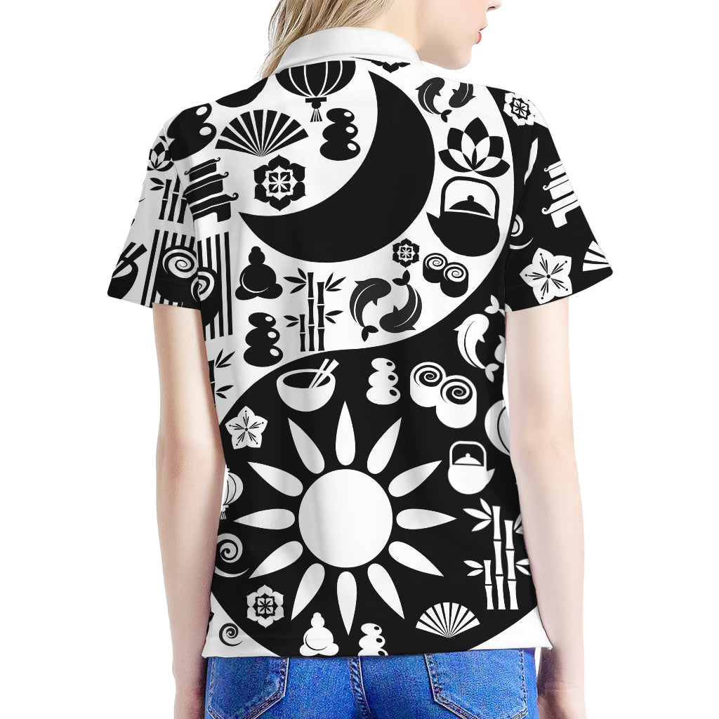 Black And White Japanese Yin Yang Print Women's Polo Shirt