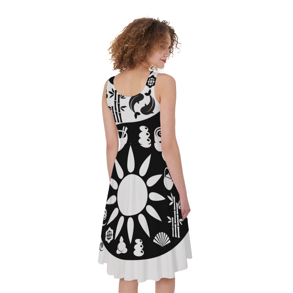 Black And White Japanese Yin Yang Print Women's Sleeveless Dress