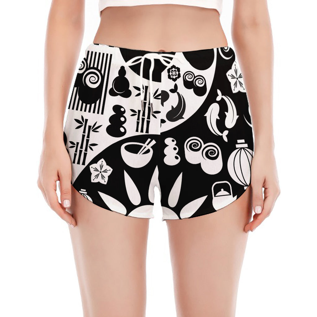 Black And White Japanese Yin Yang Print Women's Split Running Shorts