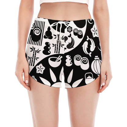 Black And White Japanese Yin Yang Print Women's Split Running Shorts