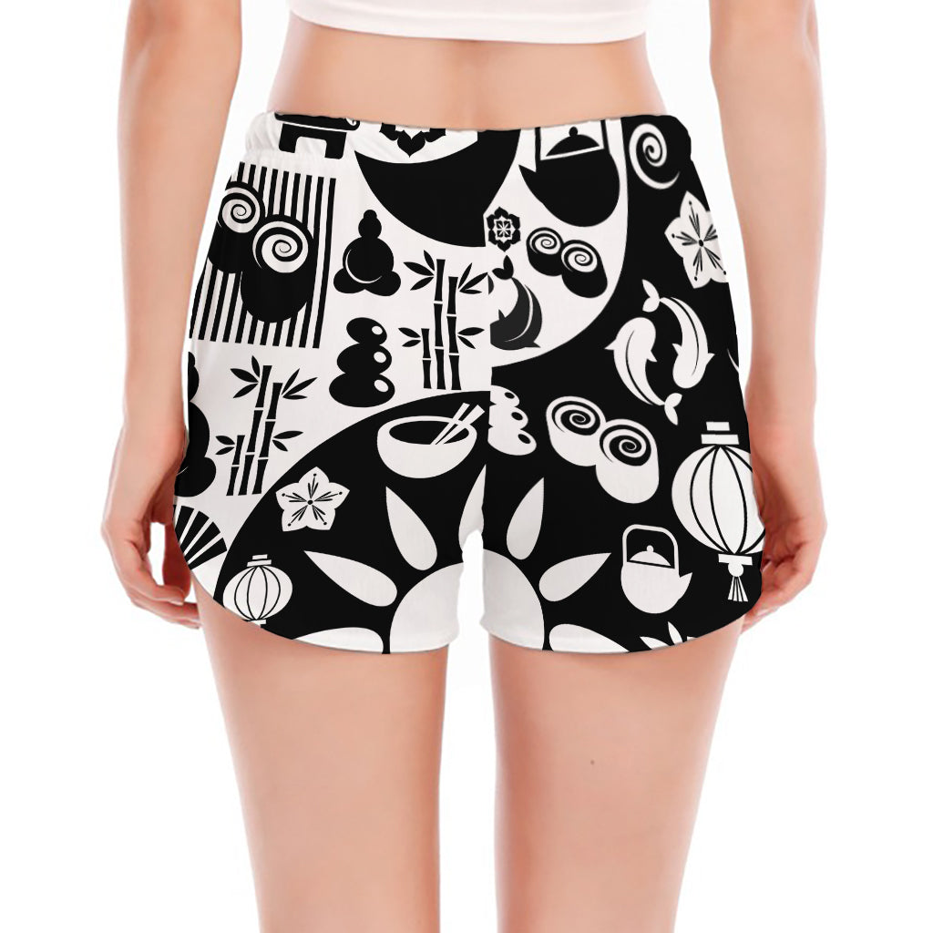 Black And White Japanese Yin Yang Print Women's Split Running Shorts