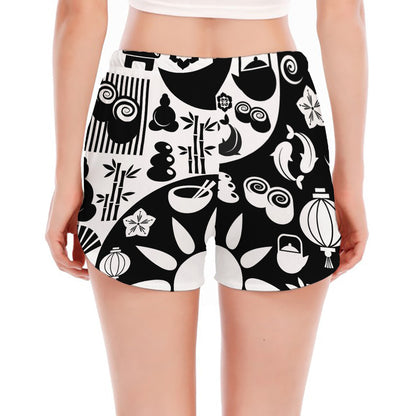 Black And White Japanese Yin Yang Print Women's Split Running Shorts
