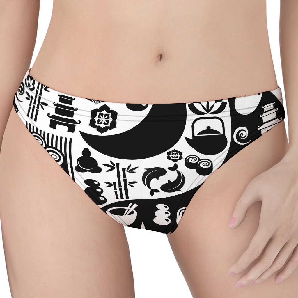Black And White Japanese Yin Yang Print Women's Thong
