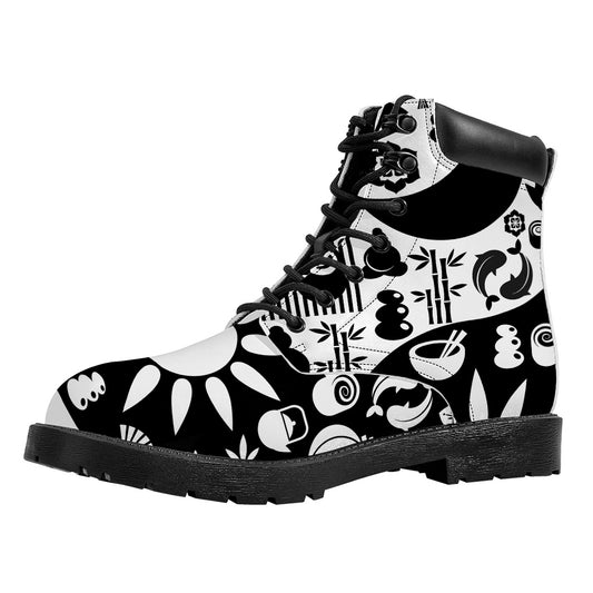 Black And White Japanese Yin Yang Print Work Boots