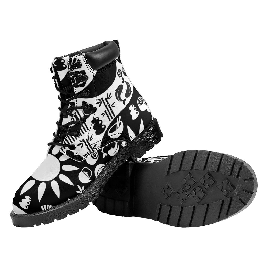 Black And White Japanese Yin Yang Print Work Boots