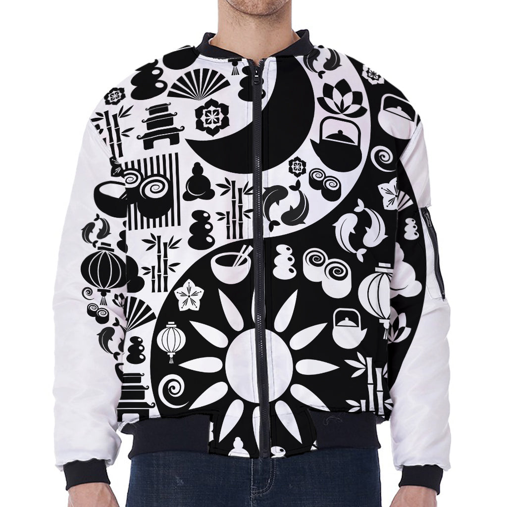 Black And White Japanese Yin Yang Print Zip Sleeve Bomber Jacket