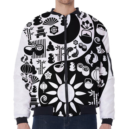 Black And White Japanese Yin Yang Print Zip Sleeve Bomber Jacket