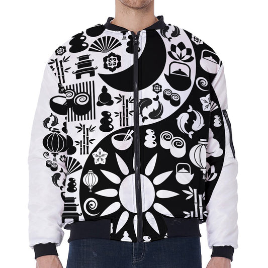 Black And White Japanese Yin Yang Print Zip Sleeve Bomber Jacket