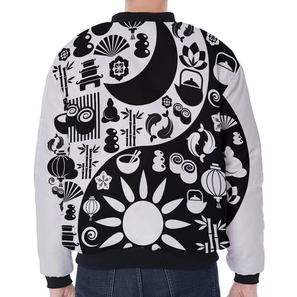 Black And White Japanese Yin Yang Print Zip Sleeve Bomber Jacket