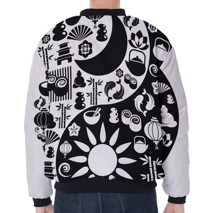 Black And White Japanese Yin Yang Print Zip Sleeve Bomber Jacket