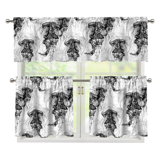 Black And White Jellyfish Pattern Print 3 Piece Kitchen Curtains