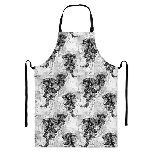 Black And White Jellyfish Pattern Print Bib Apron With Pocket