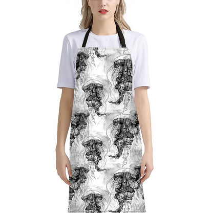 Black And White Jellyfish Pattern Print Bib Apron With Pocket