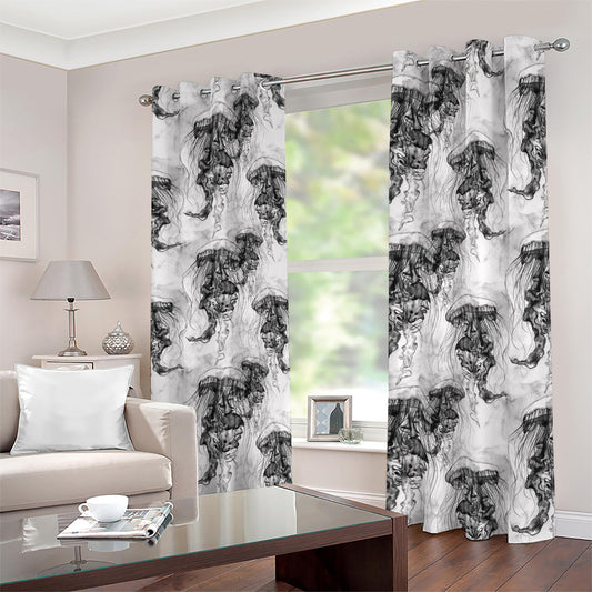 Black And White Jellyfish Pattern Print Blackout Grommet Curtains