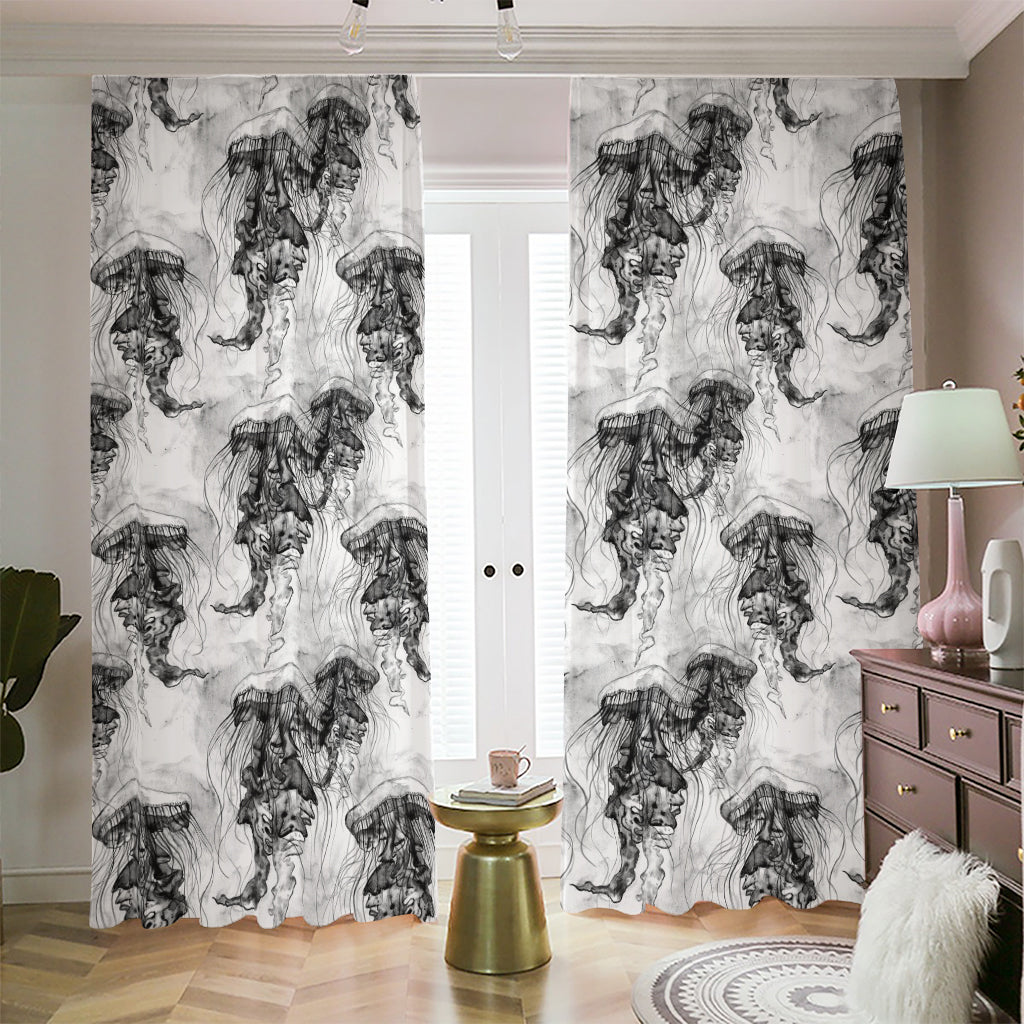 Black And White Jellyfish Pattern Print Blackout Pencil Pleat Curtains