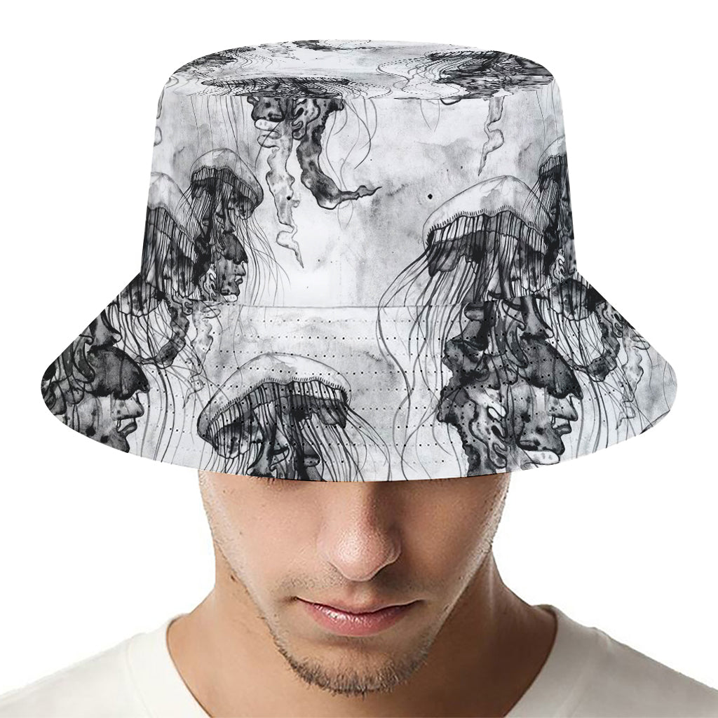 Black And White Jellyfish Pattern Print Bucket Hat
