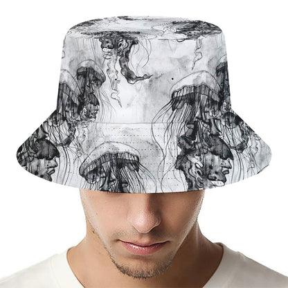 Black And White Jellyfish Pattern Print Bucket Hat