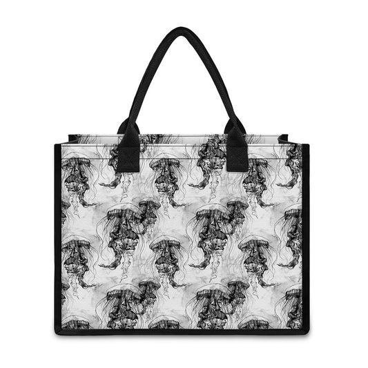 Black And White Jellyfish Pattern Print Canvas Tote Bag