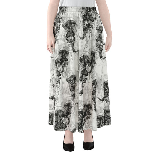 Black And White Jellyfish Pattern Print Chiffon Maxi Skirt