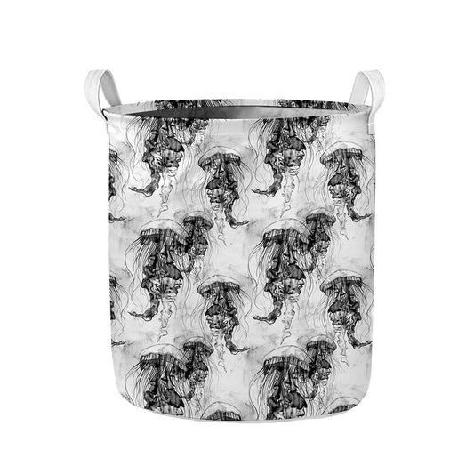 Black And White Jellyfish Pattern Print Collapsible Laundry Basket