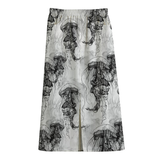Black And White Jellyfish Pattern Print Cotton Front Slit Maxi Skirt
