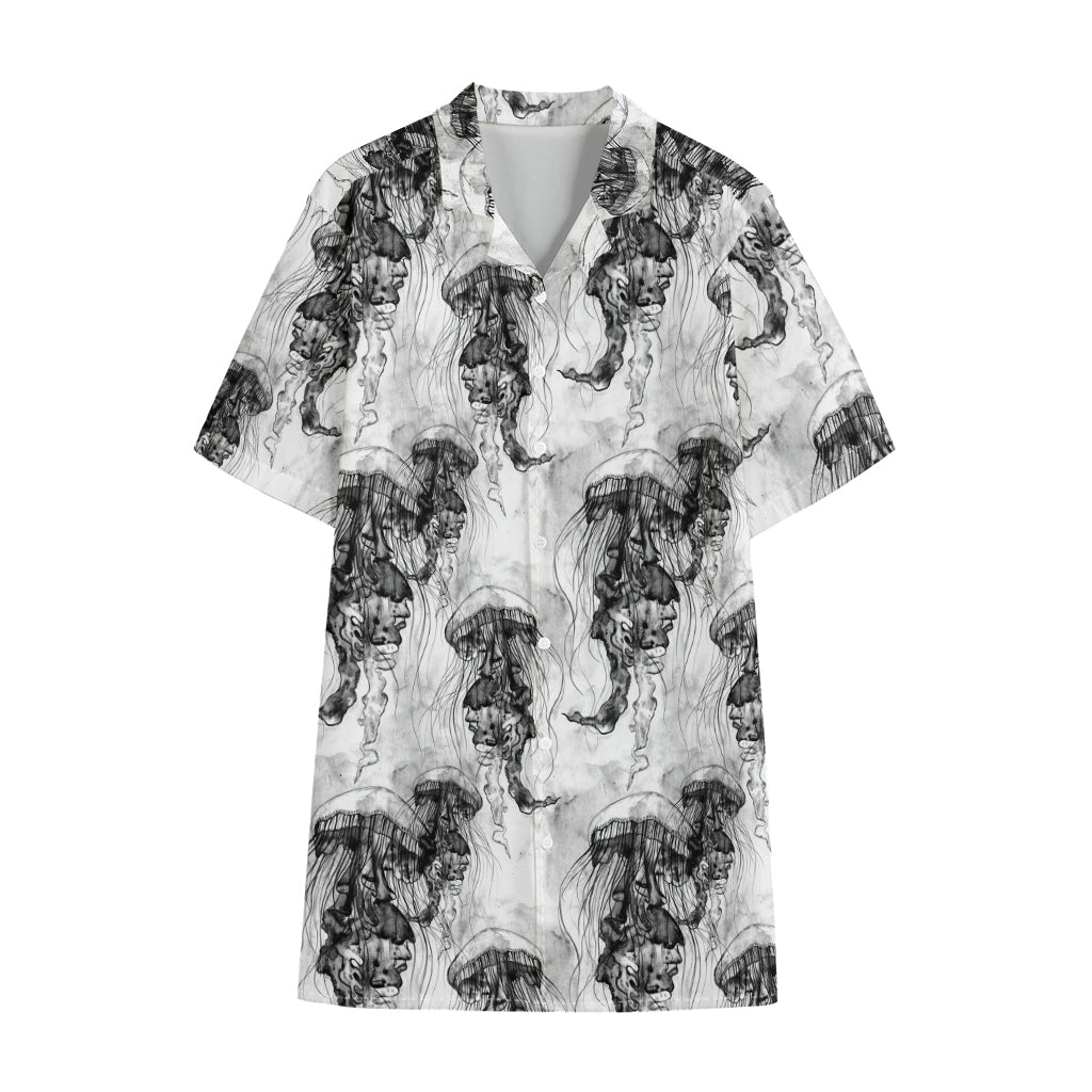 Black And White Jellyfish Pattern Print Cotton Hawaiian Shirt