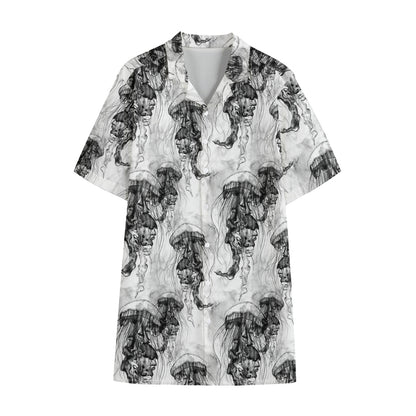 Black And White Jellyfish Pattern Print Cotton Hawaiian Shirt