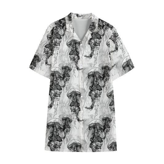 Black And White Jellyfish Pattern Print Cotton Hawaiian Shirt