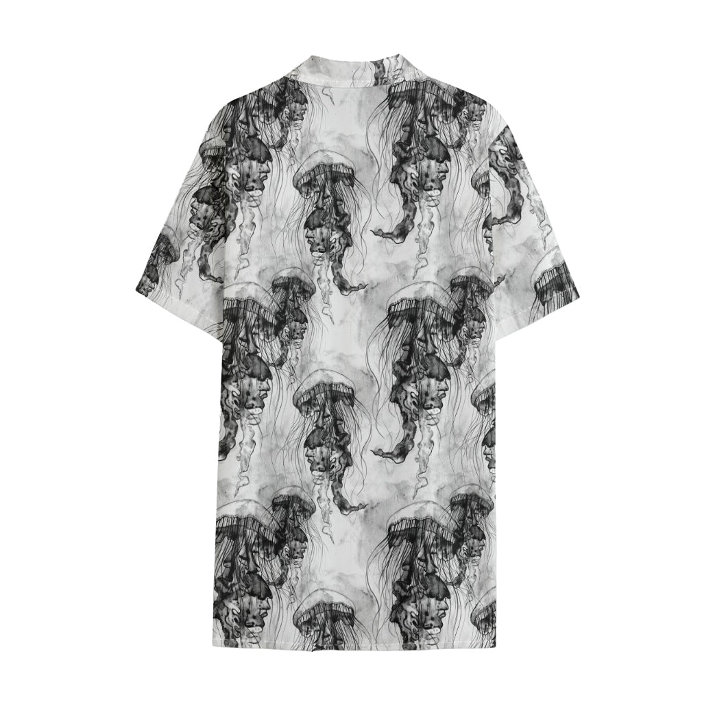 Black And White Jellyfish Pattern Print Cotton Hawaiian Shirt