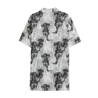 Black And White Jellyfish Pattern Print Cotton Hawaiian Shirt