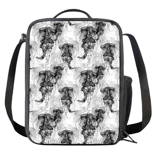Black And White Jellyfish Pattern Print Crossbody Lunch Bag